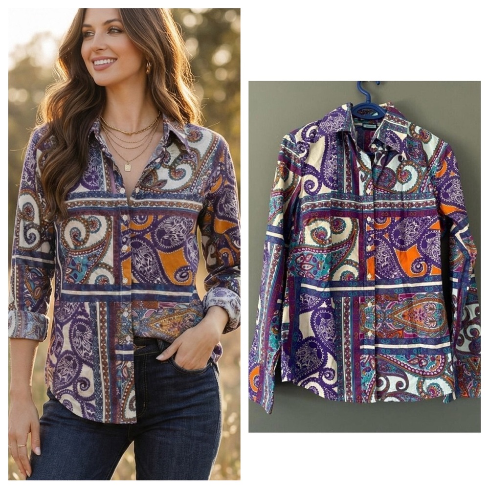Hawes & Curtis London Paisley Button Up Purple Orange Artsy 70s Revival
